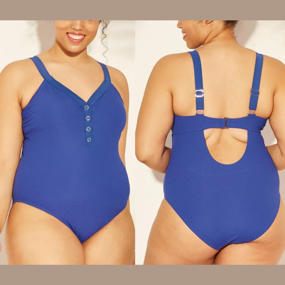 NEW Xhilaration Ribbed Snap Front One Piece Swimsuit in Blue [PLUS SZ‎ 18W ]